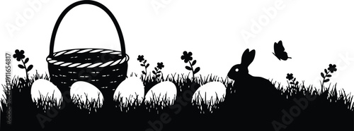 Black silhouette vector art of bunny rabbit sitting in grass near easter eggs and woven basket with butterfly flying over spring flowers on white background