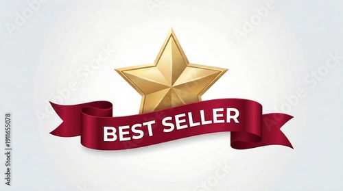 Gold Star Best Seller Badge with Red Ribbon 3D Illustration