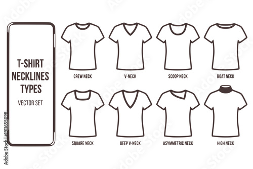 T-Shirt Necklines Types Crew-Neck V-Neck Scoop-Neck Boat-Neck Neckline-Styles Fashion-Design Clothing-Types Vector Set - Neckline Types