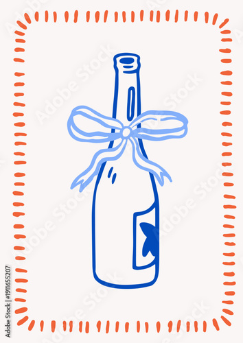Wine bottle, hand-drawn doodle card. Dolce vita poster design in frame with l...