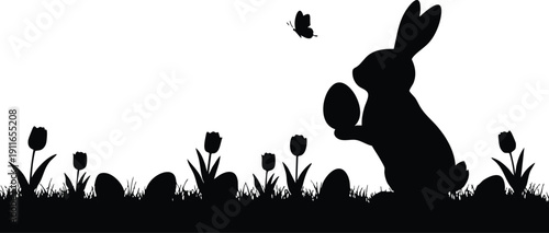 Black silhouette of a bunny holding an egg with butterfly flying above near tulips and grass in springtime flat design vector art