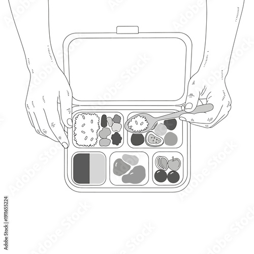 Overhead view of hands preparing a healthy and balanced lunchbox with various compartments filled with food