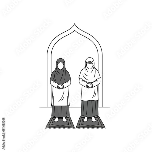 Minimalist line art illustration portraying two Muslim women in prayer, standing devoutly on prayer mats within a stylized mosque arch, embodying Islamic faith and spiritual devotion