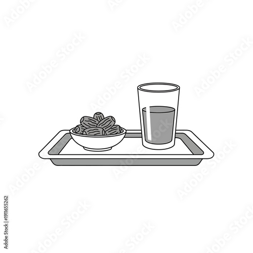 A simple illustration of a tray holding a bowl of dates and a glass of water, perfect for representing healthy eating and Ramadan traditions