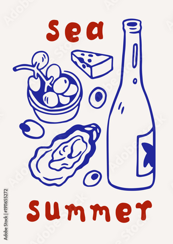 Dolce vita card with Italian wine bottle and snacks in doodle sketch style. Food and drink poster design with limoncello and seafood line art, typography. Hand-drawn lineart vector illustration