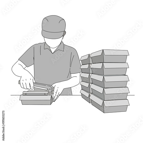 Focused individual meticulously sealing multiple takeout food boxes using a stapler, highlighting the diligent process of manual packaging and preparation for delivery