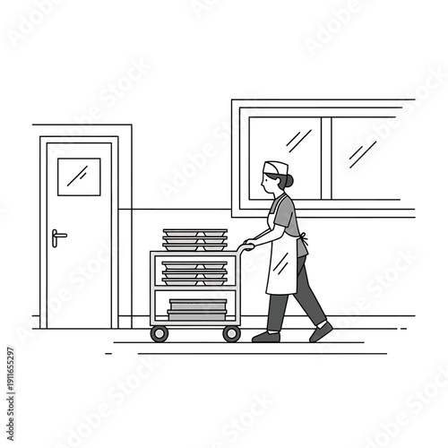 A healthcare worker pushes a cart filled with food trays down a hospital corridor