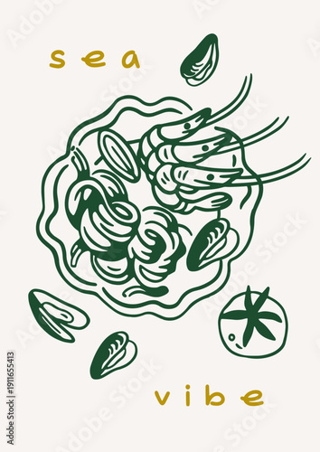 Dolce vita poster with seafood pasta dish and typography. Italian card design with sea food, shrimps and tomato on plate. Retro doodle sketch scribble drawing style. Hand-drawn vector illustration