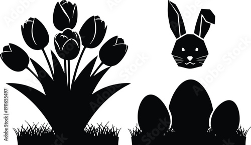 Silhouette of tulip flowers and separate rabbit head above three eggs on grass simple vector art black shapes isolated on white background spring garden seasonal decoration