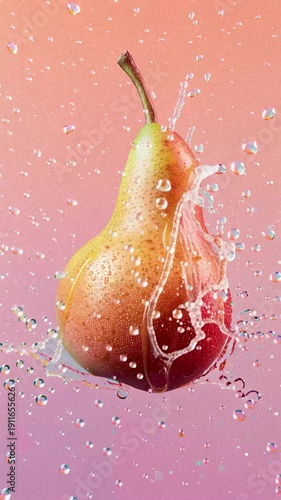 Fresh Pear with Water Splash on Soft Pink Background
