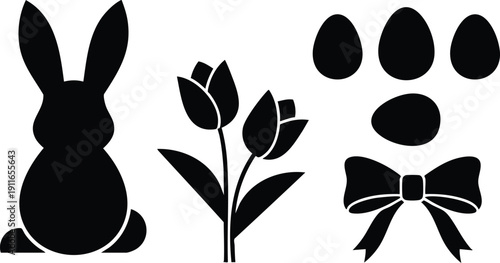 Minimalist black silhouette bunny with tulip flowers and decorative paw print with bow vector icons isolated on white background for spring and easter season design elements