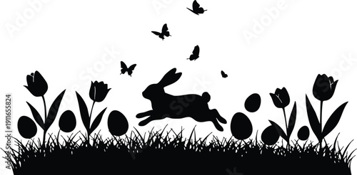 Black silhouette of a jumping rabbit among tulip flowers and easter eggs with fluttering butterflies over grassy ground in spring season vector art