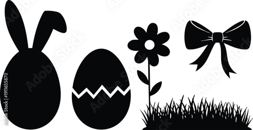 Simple black silhouette spring icons including bunny shaped egg floral stem grass patch and decorative bow vector art for seasonal holiday illustration design
