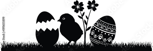 Minimalist black silhouette of newly hatched chick standing between cracked egg and decorated easter egg with flowers on grass vector art