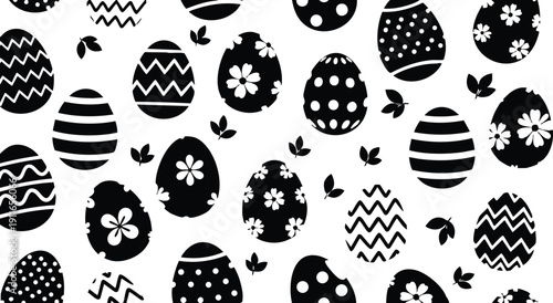 Monochrome vector art featuring black and white decorated easter eggs with floral and striped patterns scattered among small leaves on white background minimalist spring holiday design