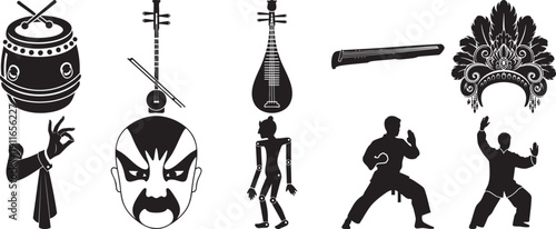 Collection of Chinese cultural icons: drum, opera mask, Peking opera headdress, martial arts