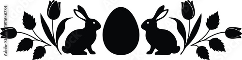 Silhouette of two rabbits facing each other with a central egg and decorative tulip flowers arranged symmetrically in black vector design for easter celebration and spring theme