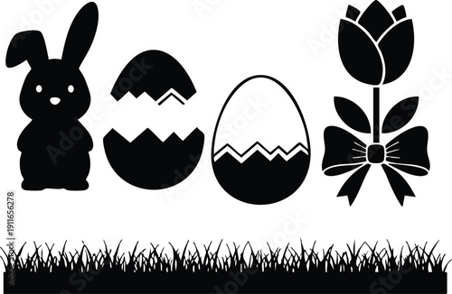 Minimalist black silhouette vector art of cute bunny with easter eggs cracked open and closed alongside a tulip flower with bow above grass border in flat design style