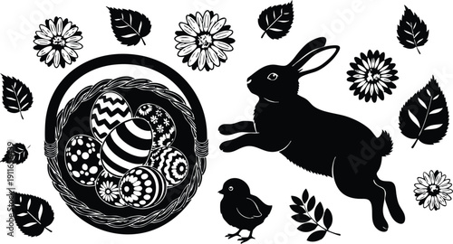 Black and white silhouette vector art of jumping rabbit next to decorated easter eggs basket with flowers and leaves arrangement in minimalistic flat design style