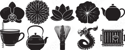 Chinese cultural icons: flowers, tea set, dragon, bamboo, traditional screen, matcha whisk