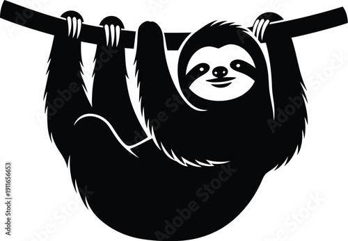 A sloth hanging from a bar, showcasing its slow movement and relaxed nature in a simple illustration style.