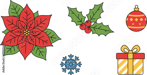 Christmas Holiday Decoration Vector Set with Red Poinsettia Flower Holly Berries Ornament Snowflake and Gift Box Graphic