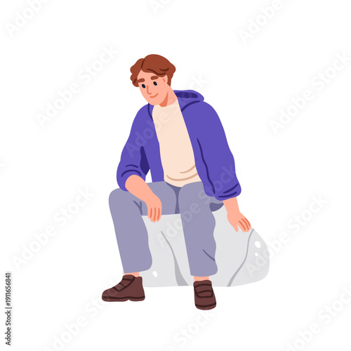 Man sitting on stone. Young male character on rock, looking down with thoughtful smile. Calm person seated, relaxing, resting in nature outdoors. Flat vector illustration isolated on white background