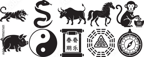 Chinese zodiac animals, Yin Yang symbol, compass, scroll with calligraphy, tiger, snake, bull, horse, monkey, pig