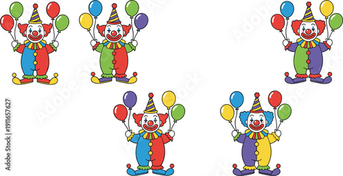 Colorful Circus Clown Characters Holding Balloons Set in Cute Hand Drawn Cartoon Vector Illustration