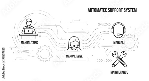 Vector illustration of automated support system with manual tasks and maintenance icons