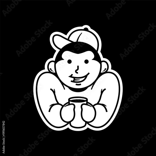 Young Man Mascot with Backward Cap Enjoying a Cup of Hot Drink.eps