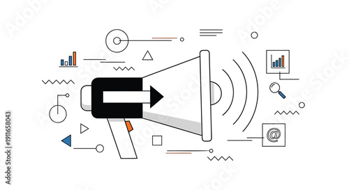 Vector illustration of a megaphone surrounded by various business and communication icons and symbols