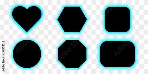 A set of black frames of different shapes with blue led backlight. 3d vector illustration isolated on transparent background.