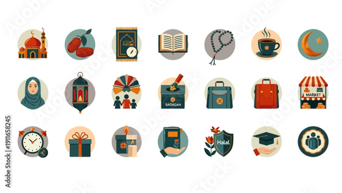 Collection of Flat Design Icons Representing Education and Time Management