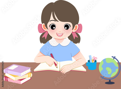 A young girl writing in a notebook at a desk with books and a globe nearby