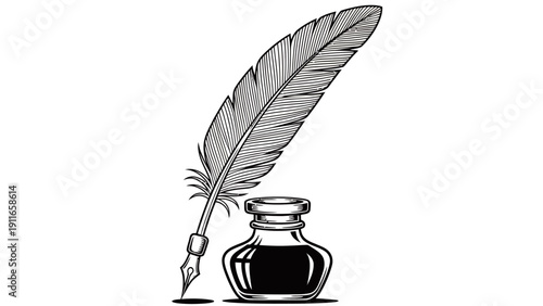 Quill Pen and Inkwell Illustration in Monochrome Style