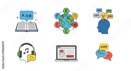 Collection of icons representing language learning and communication.