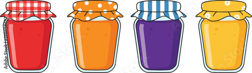 Colorful Fruit Jam Jars Collection with Fabric Lid Covers in Cute Hand Drawn Flat Vector Illustration