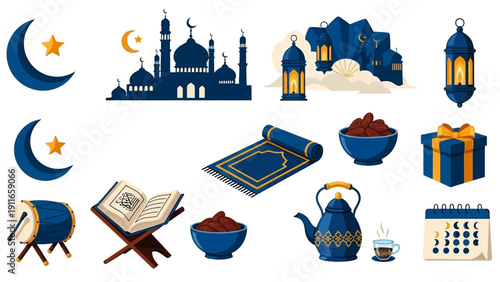 Collection of Islamic Symbols and Objects in Blue and Gold