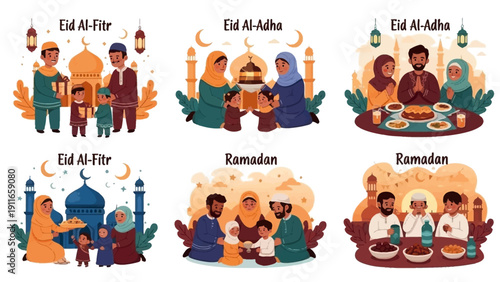 Islamic Celebrations Family Gathering Social Events Illustration Set