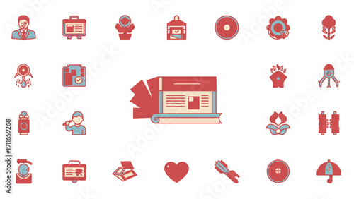Collection of Red Icons Representing Various Digital and Office Concepts