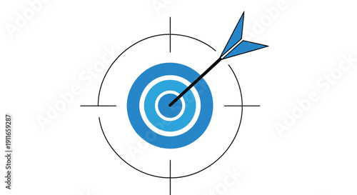 Vector illustration of a blue target with a black arrow hitting the bullseye isolated on transparent background