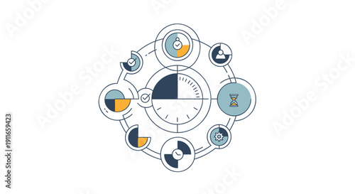 Vector infographic template with interconnected pie charts and circular diagrams isolated on transparent background
