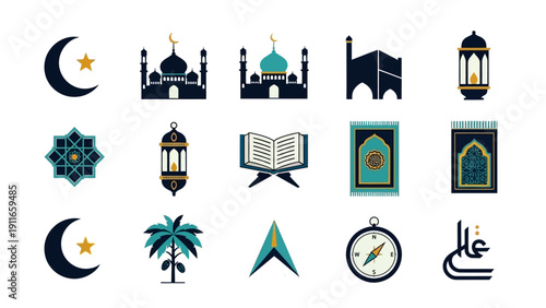 Islamic Symbols and Icons Set with Mosque and Crescent Moon