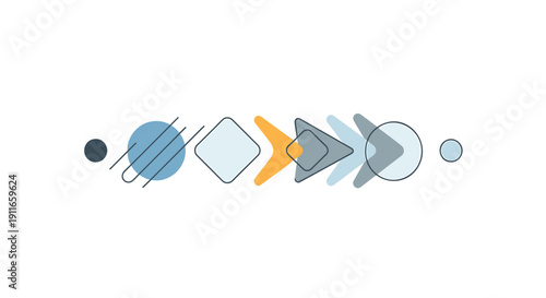 Vector set of assorted geometric shapes with arrows and icons in blue, grey, and orange hues isolated on transparent background