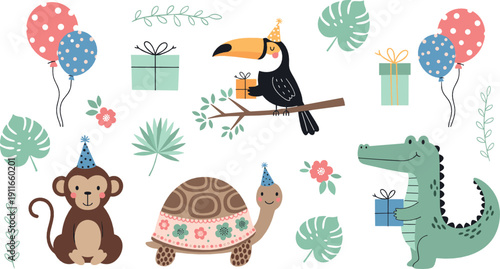 Cute birthday party animal illustration set with monkey, toucan, turtle, crocodile, balloons, gifts, and festive tropical elements for kids designs