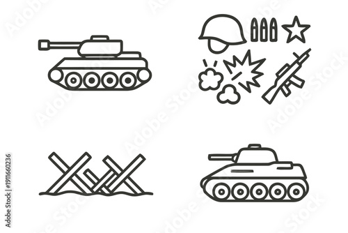 Military icons set tank machine gun rifle helmet bullets and barrier on white