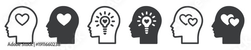 Mind concept with heart and light bulb symbols representing emotions and ideas, vector illustration