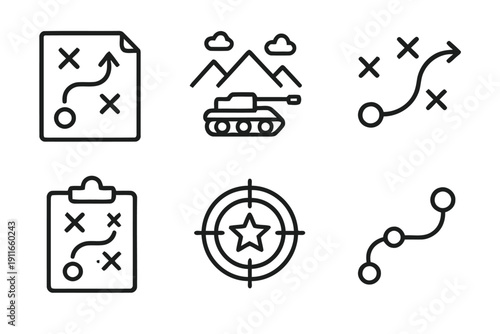 Military strategy icons representing planning warfare and objectives symbols
