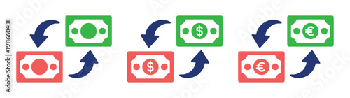 Money exchange icons showing currency conversion between dollars euros and abstract currencies